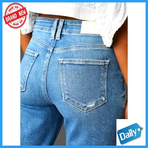 High Waist Wide Leg Stretch Jeans Straight Fit Five Pocket Denim Pants - Picture 5 of 6